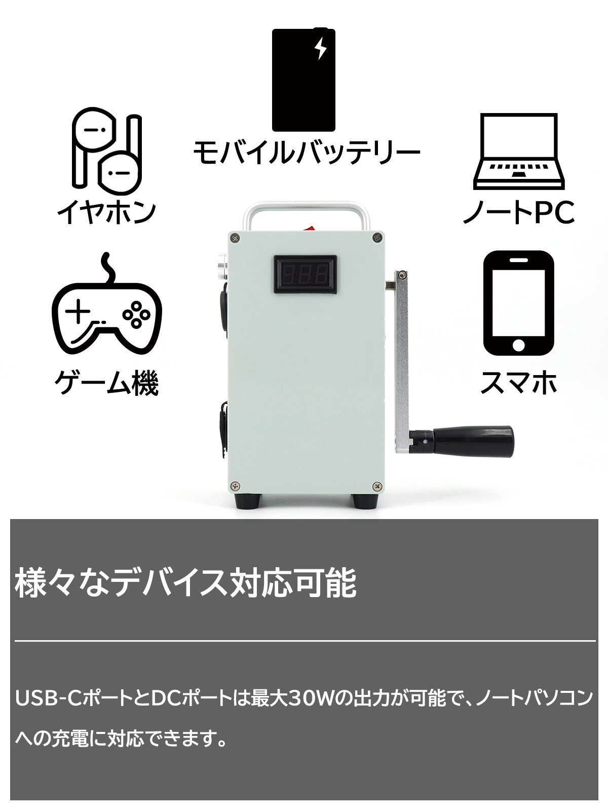 Maintenance unnecessary, available for many years! A portable hand held power generator "arrie" that can recharge sumatho in only a few minutes